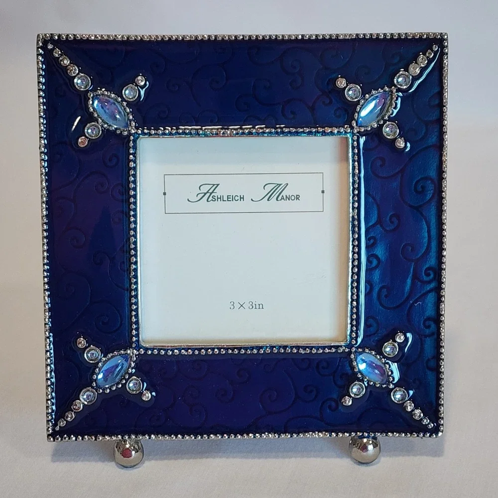 Ashleigh Manor Navy Blue Enamel Rhinestone 3x3 Picture Frame Scroll Silver Tone